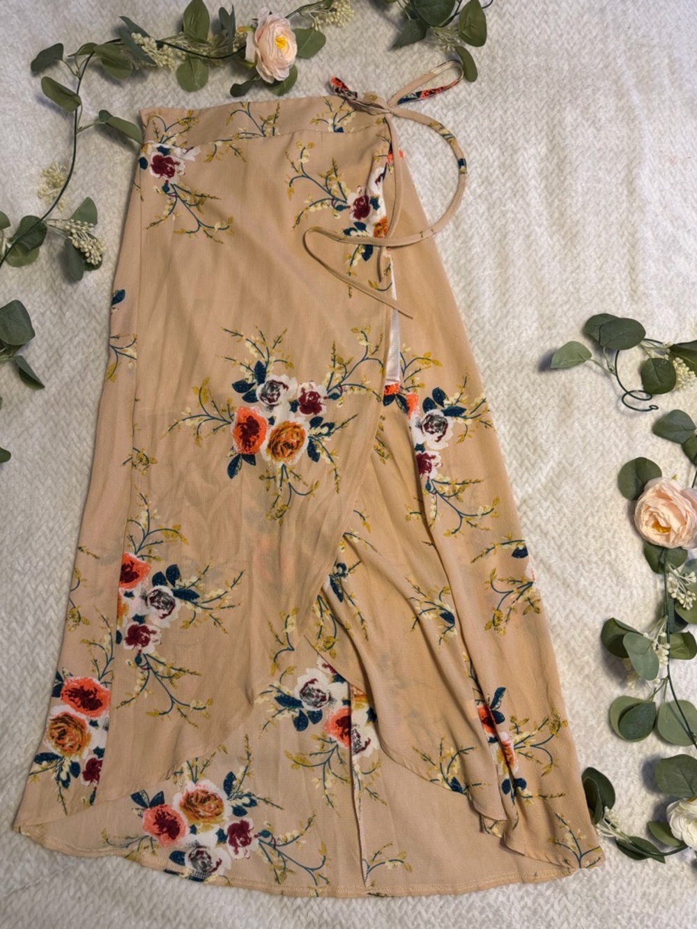 Floral Wrap Maxi Skirt in Beige